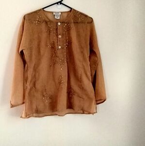 Royal USA Blouse Women Medium Taupe Sheer Embellished Church Office Academia VTG